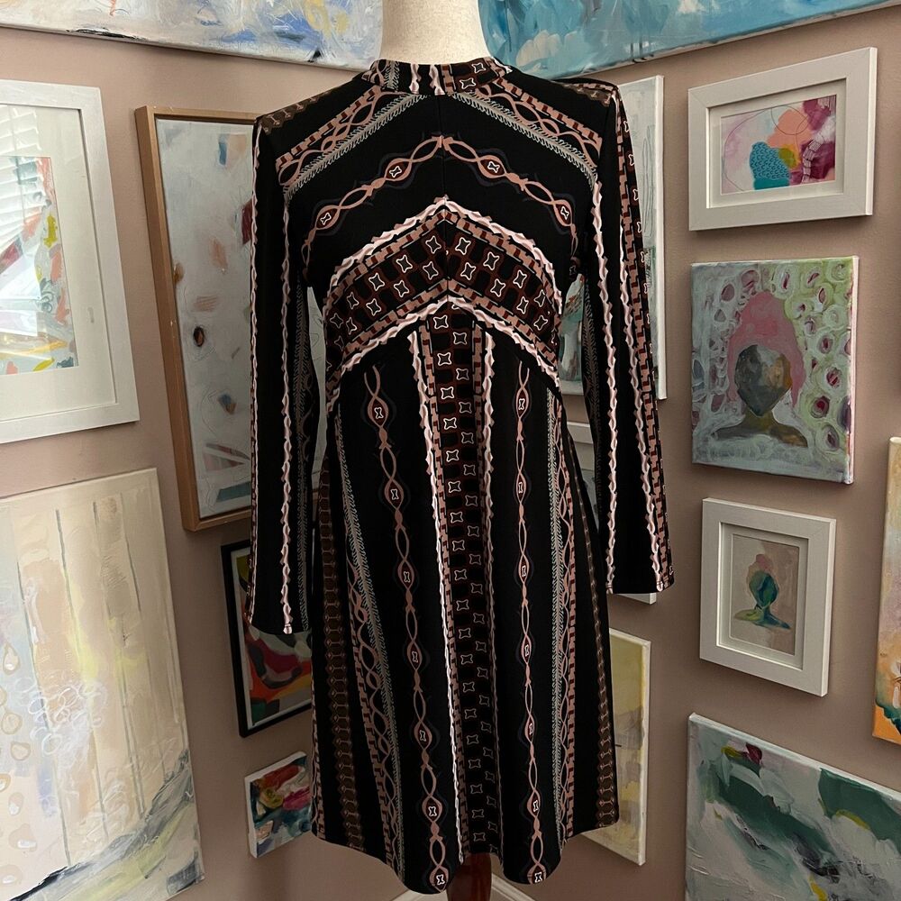 Free People Stella Geometric Long Sleeve Mini Dress Boho y2k Artsy Festival Sz M